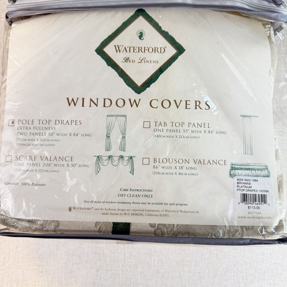 Waterford Bryanne Platinum Pole Top Drapes 50x84 Pair NEW Damask Curtains